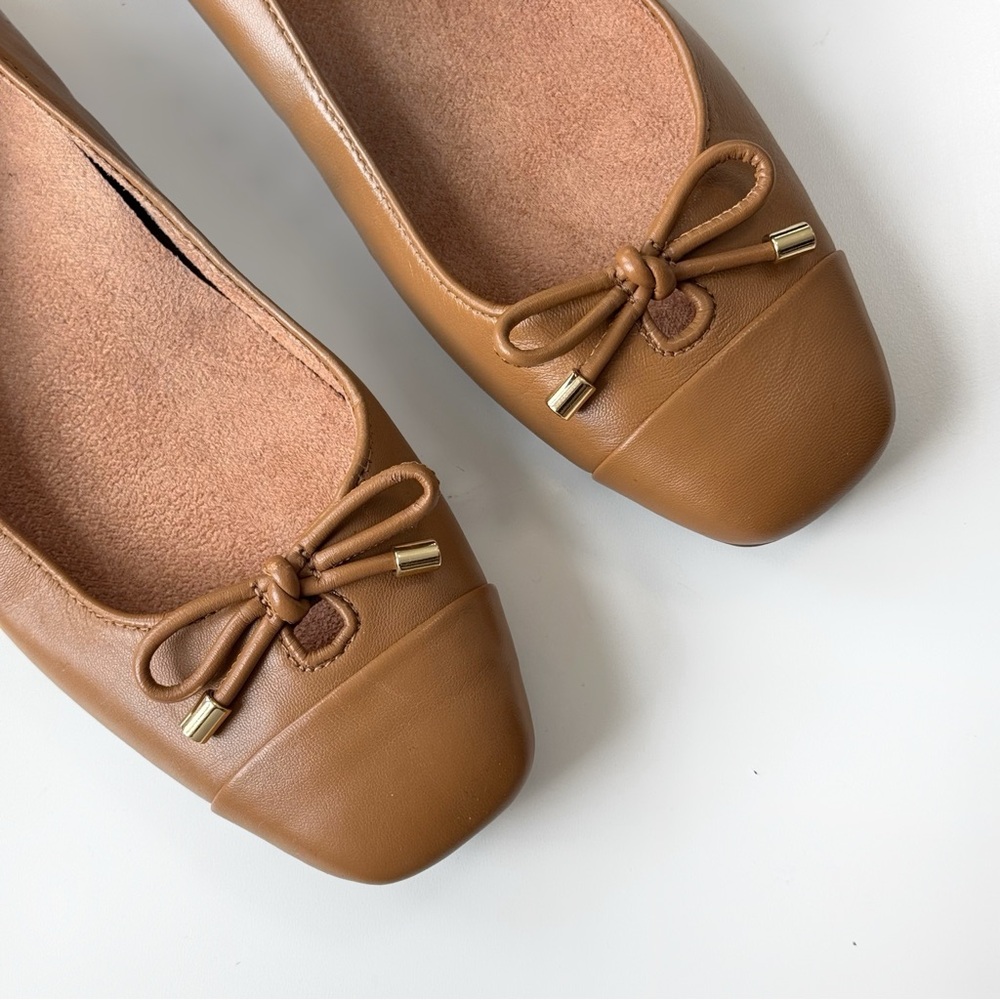 NEW Vionic Klara Camel Flats Square Toe Ballerina Flats Leather Minimal Modern - Picture 2 of 12